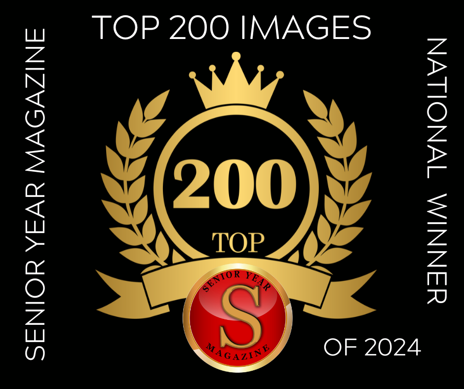Gold crown and laurel wreath emblem featuring 'TOP 200' with red S logo for Senior Year Magazine 2024 awards.