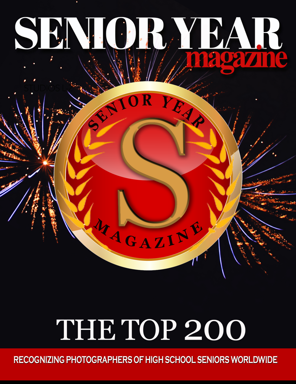 Magazine cover for Senior Year showing a gold medal logo with an S design against a black background with firework effects.