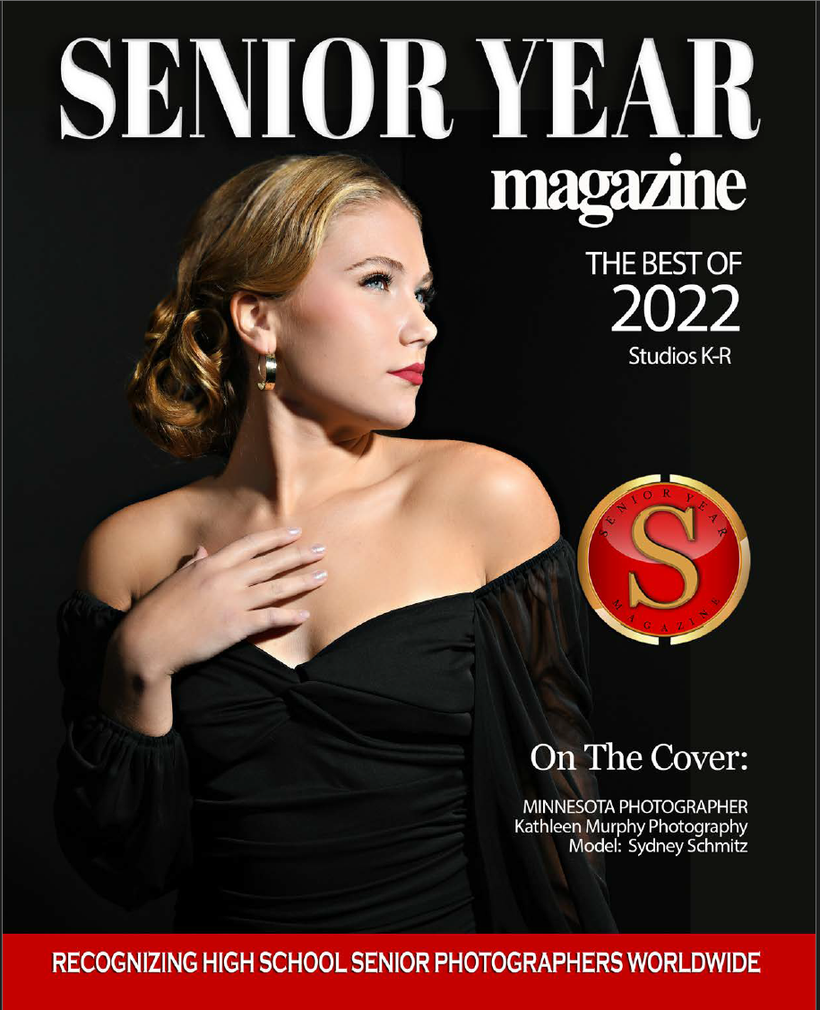 Black and white magazine cover for Senior Year publication featuring elegantly posed model in dark dress against dark background.