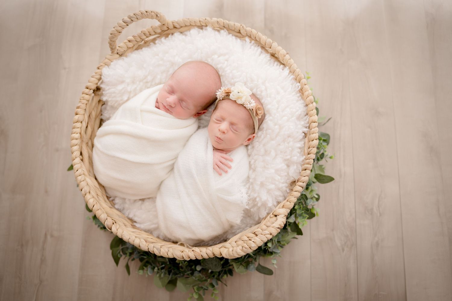 Newborn photoshoot Saskatoon and Warman, twins in basket prop, fresh and clean simplicity minimalistic