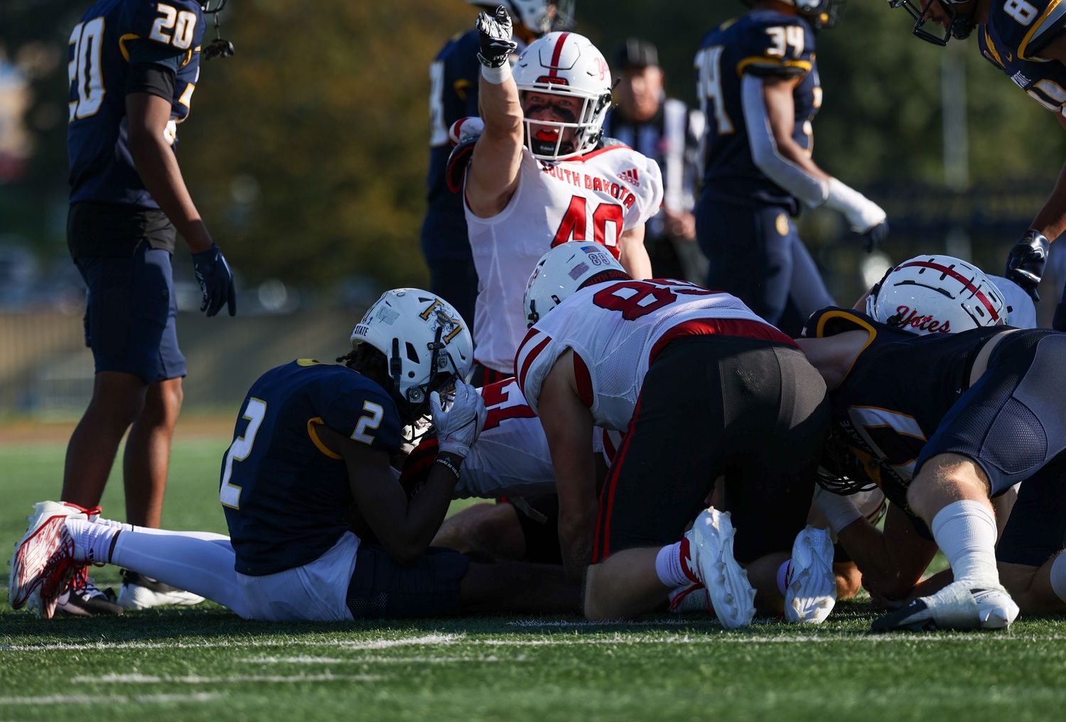 Fumbled football recoverd by defense with defender pointing in the air signifying change in possession