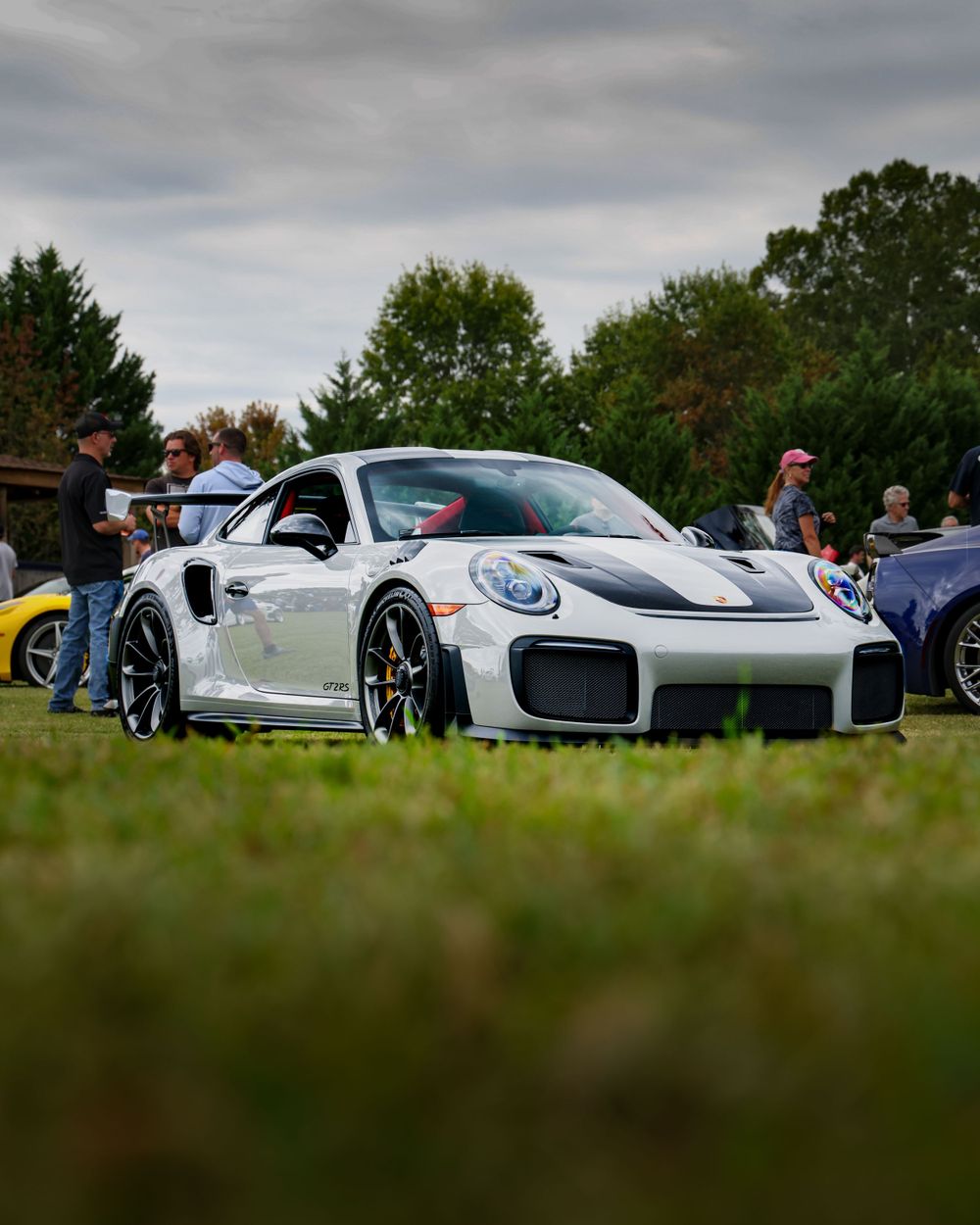 Row of luxury Porsche sports cars parked on grass at an outdoor car show under cloudy skies.