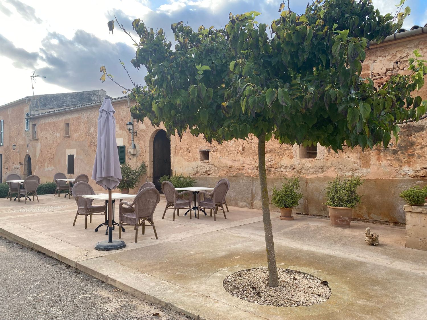 Rustic stone courtyard with outdoor seating and potted trees at a Mediterranean restaurant.