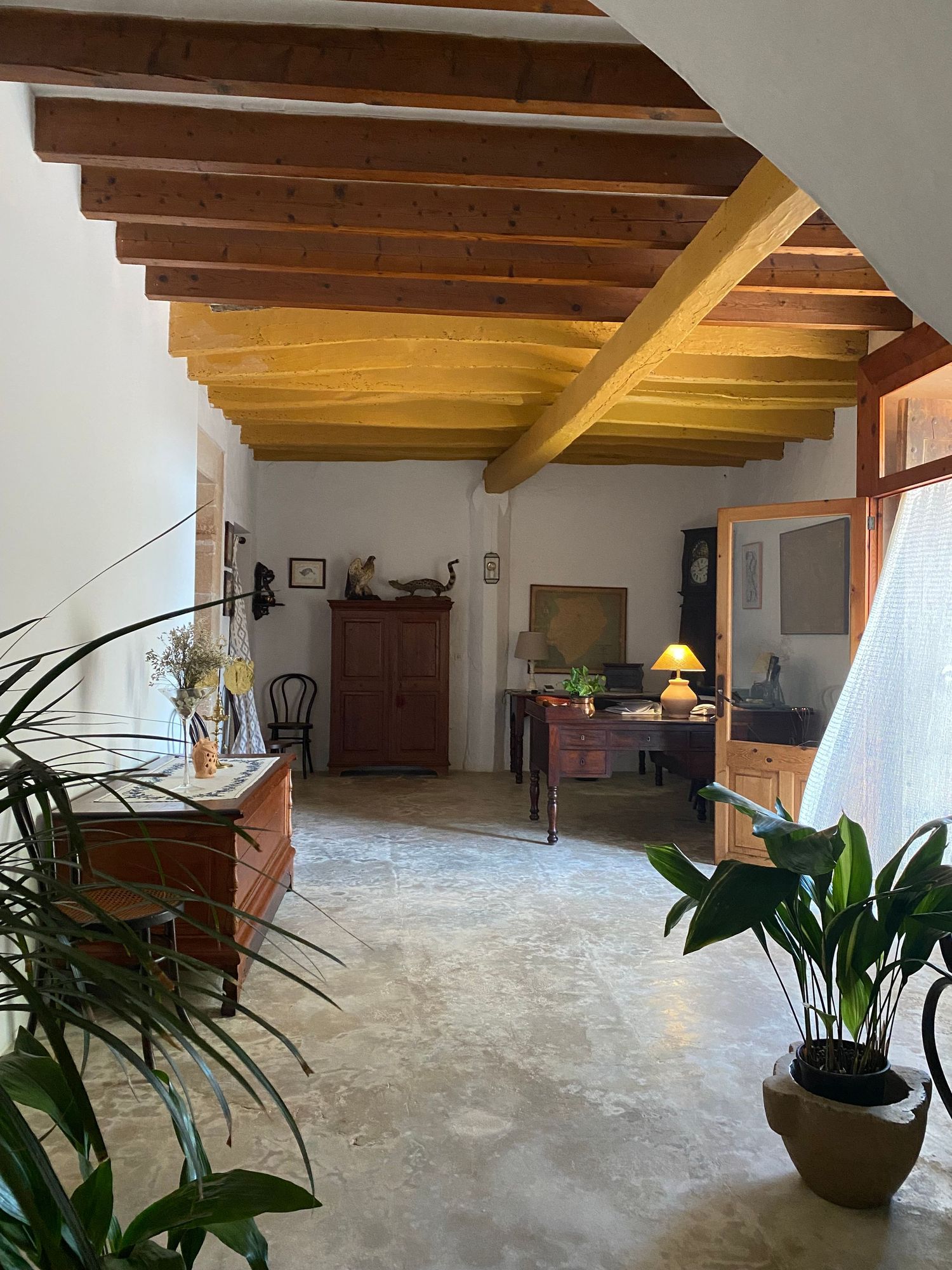 Elegant living space with exposed wooden beams, potted plants, and natural lighting creates a warm Mediterranean atmosphere.