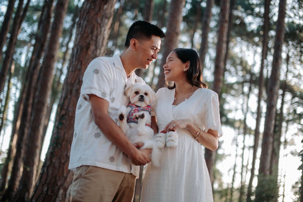 Couple holding a small white dog while standing in a pine forest during a romantic photoshoot.