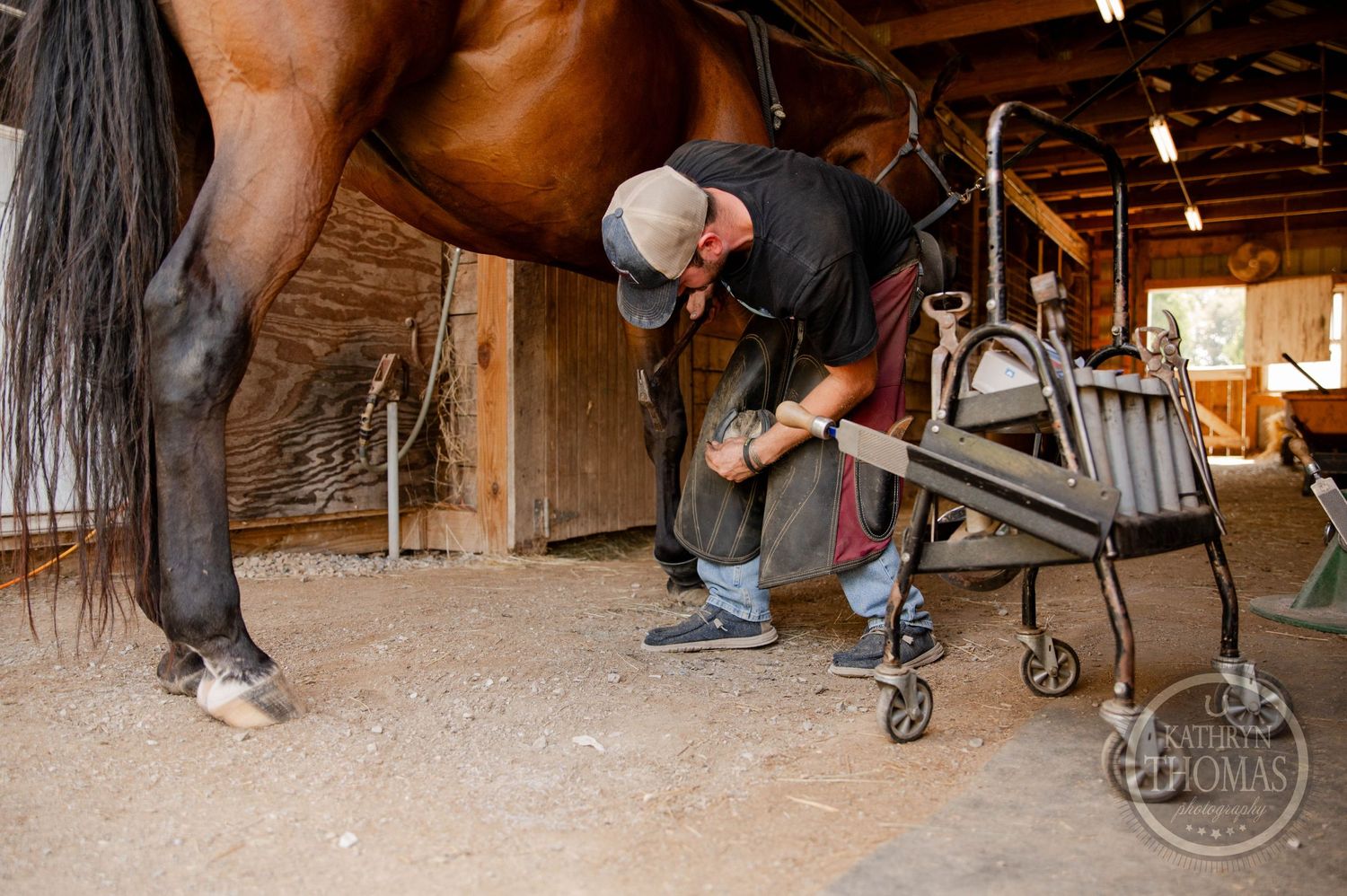 A farrier works on horseshoes inside a rustic barn stable with equipment and tools nearby.