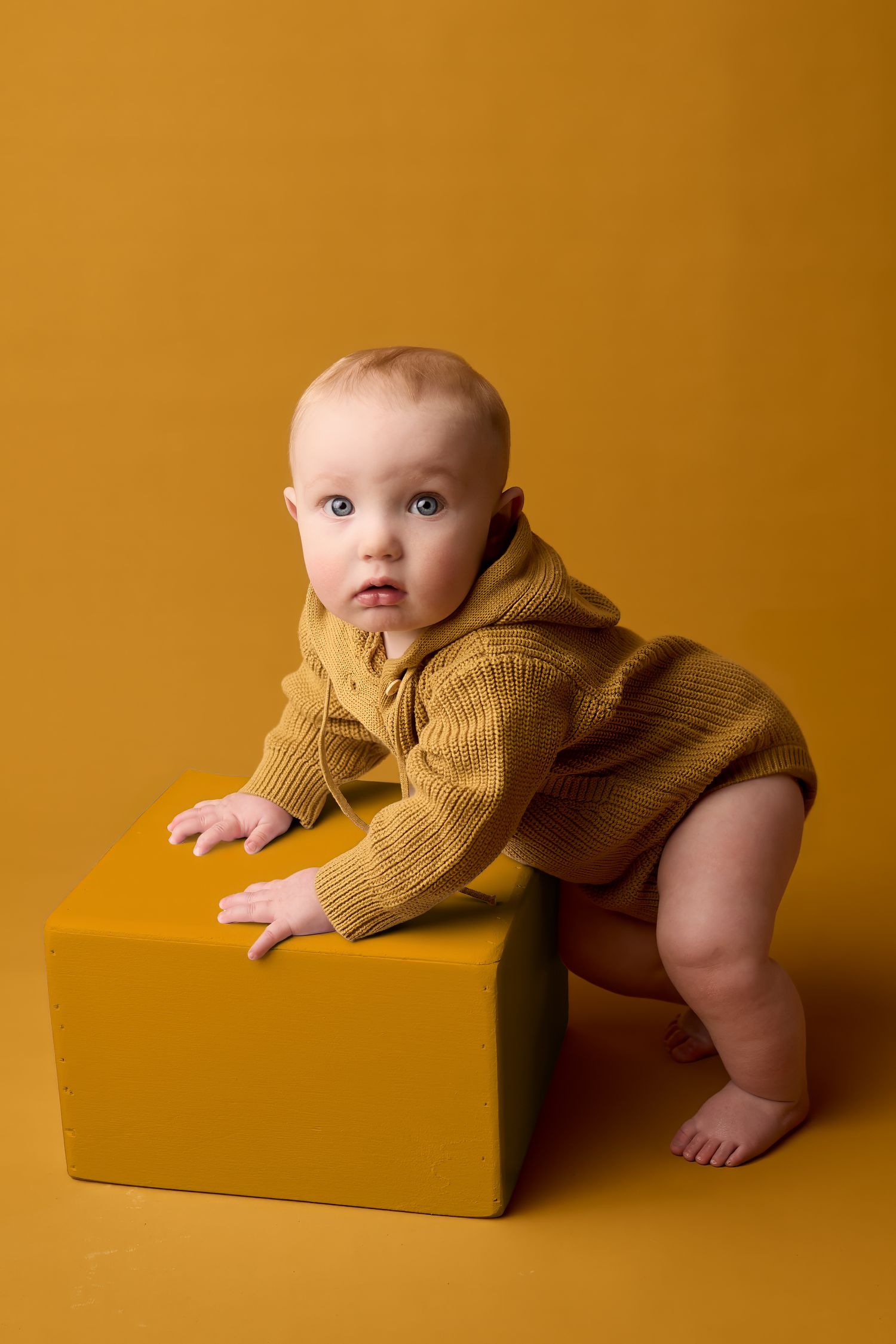 A baby in a mustard yellow knit sweater leans on a matching yellow cube against a golden backdrop.