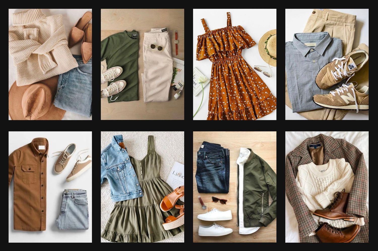 Collection of seasonal casual wear featuring dresses, jeans, blouses, and accessories in earthy and neutral tones. Wardrobe and style guide.