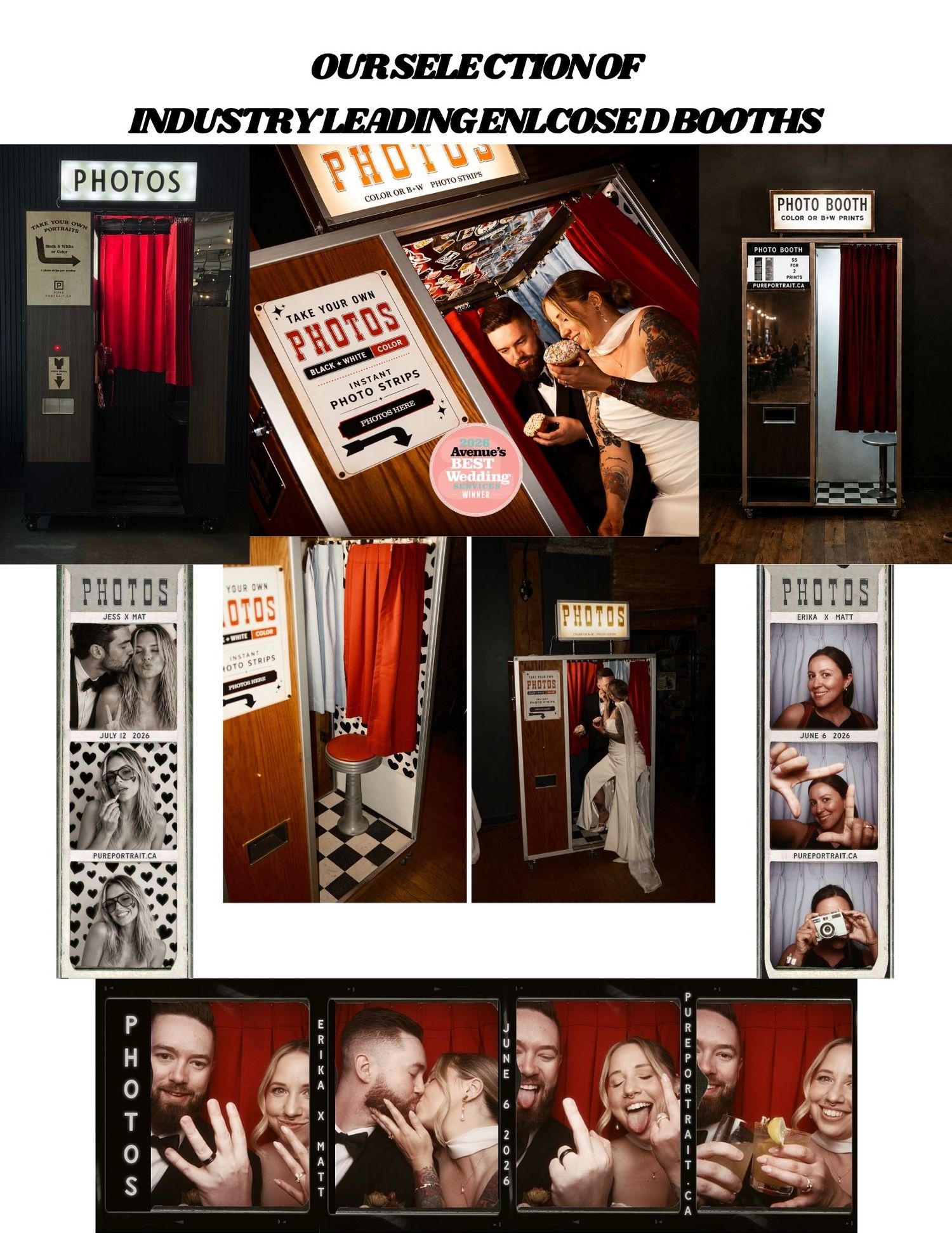 A vintage photo booth kiosk displaying a 'PHOTOS' sign with vintage-style prints and pricing information on the wall.