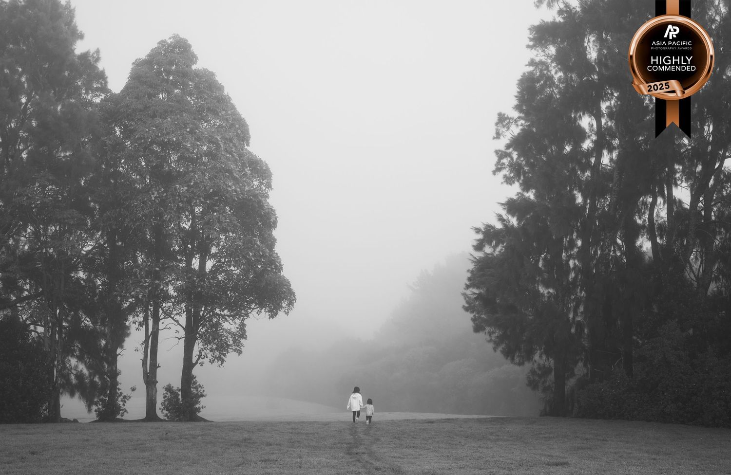 Black and white foggy landscape. 2 young girls walking towards the end of a field, framed by massive trees either side. NZIPP highly commend