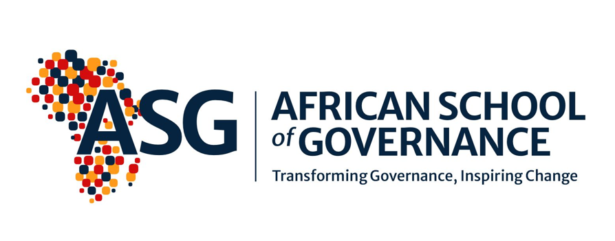 Logo of the African School of Governance featuring a colorful pixelated map of Africa and text in blue and gray colors.
