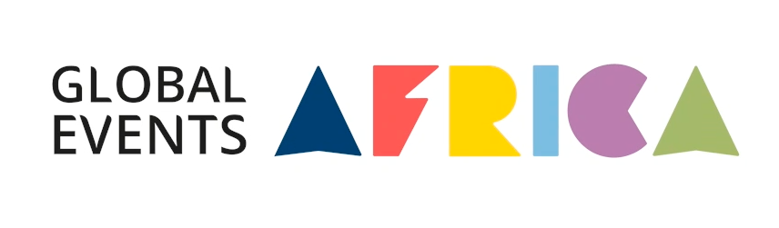 Colorful text logo for Global Events Africa featuring rainbow letters and a red arrow design.