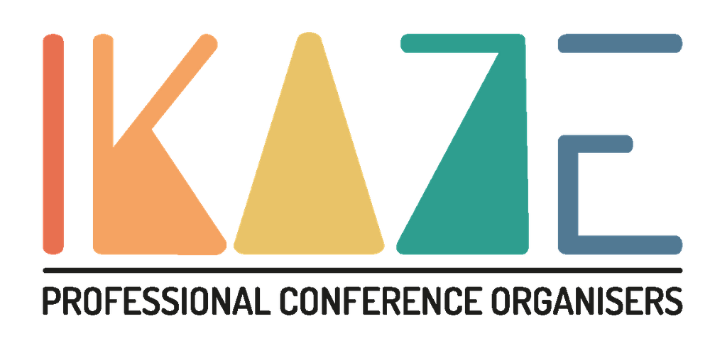 A colorful geometric logo design for 'IKAZE Professional Conference Organisers' featuring orange, yellow and teal letters.