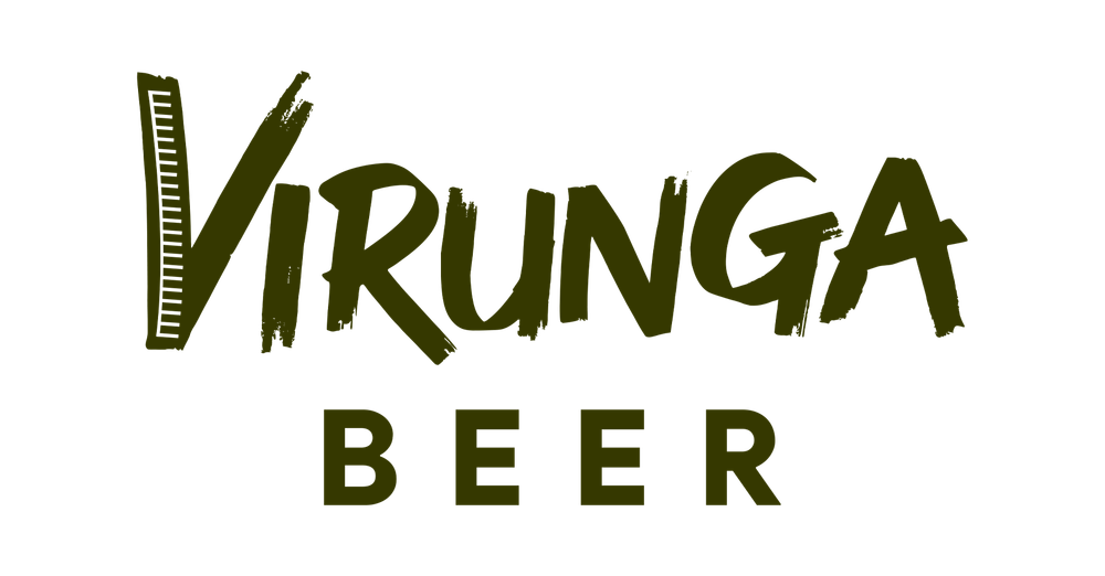 Three beer bottle labels featuring the Virunga brand name and logo in green and white colors against a dark background.