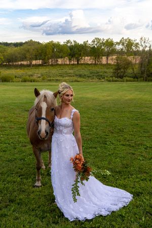 A white lace wedding dress stands out against a green field with a beautiful brown horse and autumn trees in the background.