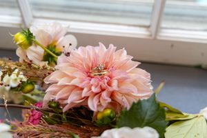 Pink dahlia flowers arranged in a rustic window display with greenery and natural light.