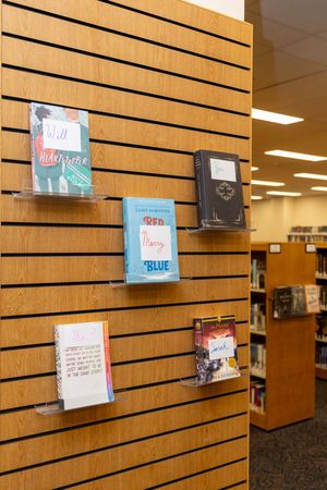 Books displayed on wall-mounted clear acrylic shelves in a modern library or bookstore setting.