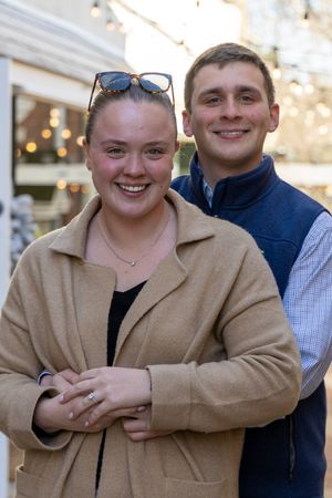 A series of four similar photos showing a couple posing together outdoors with warm lighting and casual attire.