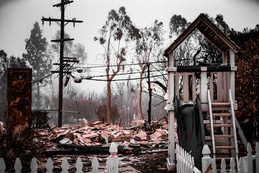 Burnt remains of playground structure amid devastated landscape with utility poles.