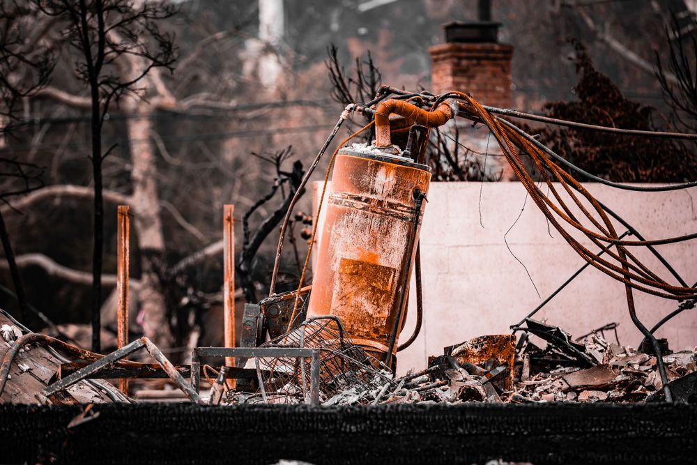 Rusty lantern sits among burnt debris and ashes from fire damage.