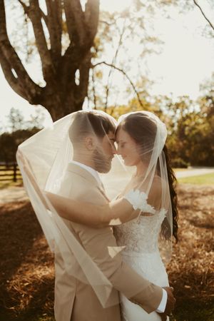 Bride and groom touch foreheads romantically under a flowing veil in golden outdoor wedding light.
