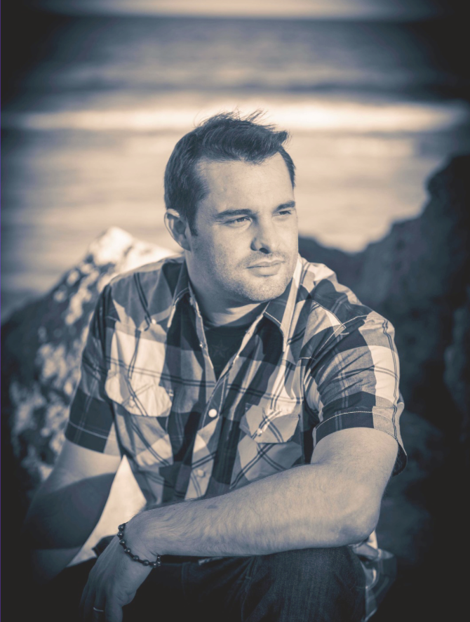 Moody black and white portrait series showing a person in a plaid shirt leaning against a surface in various casual poses.