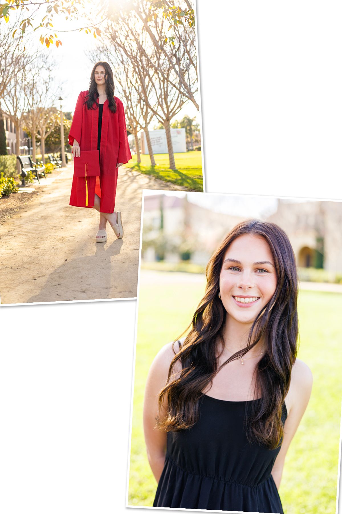 A woman in a black sleeveless dress and red cardigan poses outdoors in a park setting during golden hour.