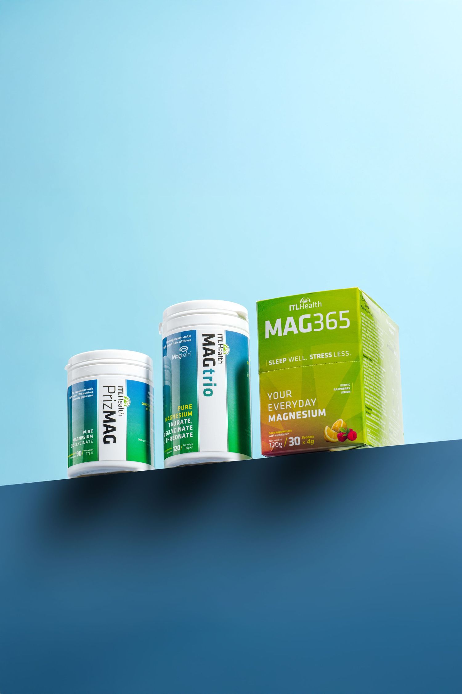 Product shot of MAG365 supplement containers and box against blue gradient background.