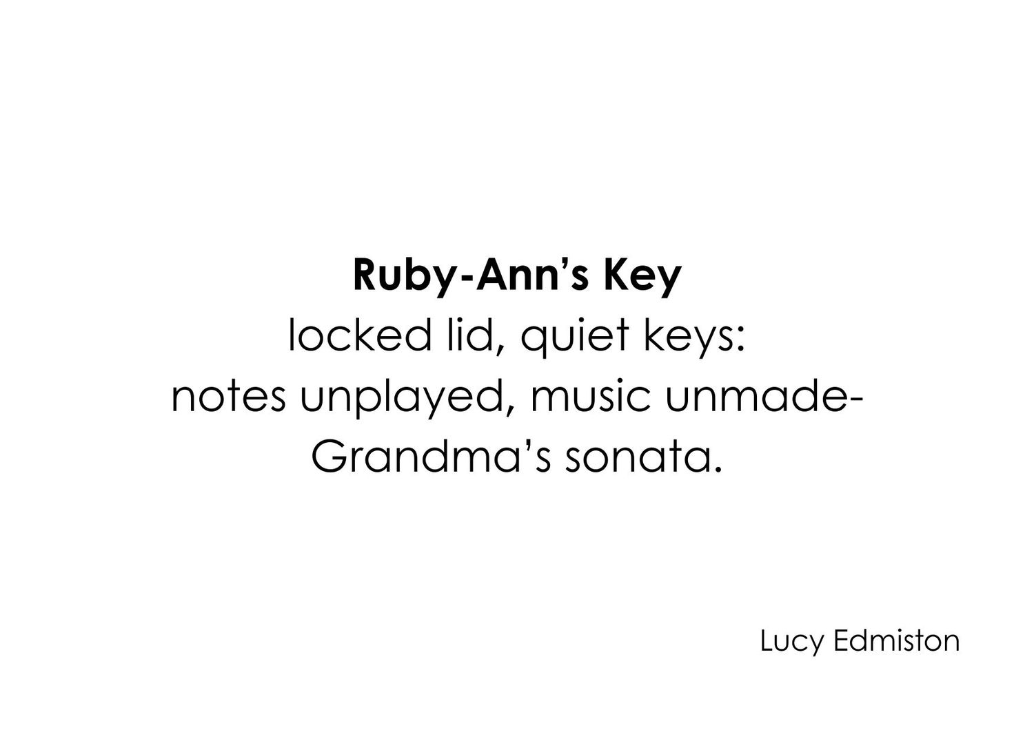 A short poem titled 'Ruby-Ann's Key' by Lucy Edmiston about a locked lid and quiet keys, printed in black text on white.