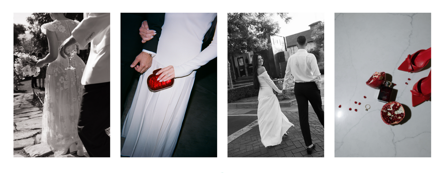 A collage of artistic wedding photography details including dancing, rings, and black and white moments.
