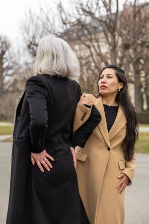 Two people in elegant winter coats having animated conversation outdoors.