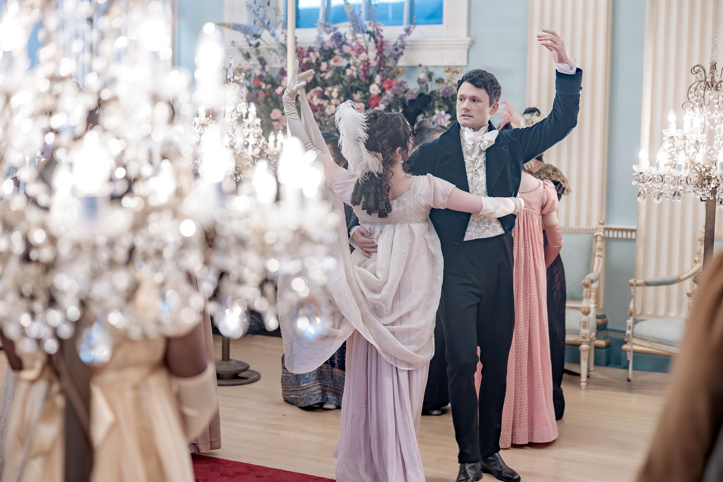 Bridgerton at Newark Town Hall in Nottinghamshire, photographed behind the scenes for the Netflix production. Ballroom dancers.