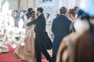 Bridgerton at Newark Town Hall in Nottinghamshire, photographed behind the scenes for the Netflix production. Ballroom dancers.