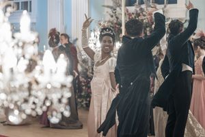 Bridgerton at Newark Town Hall in Nottinghamshire, photographed behind the scenes for the Netflix production. Celebration dance.