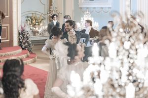 Bridgerton at Newark Town Hall in Nottinghamshire, photographed behind the scenes for the Netflix production. Intimates ballroom dance.