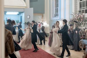 Bridgerton at Newark Town Hall in Nottinghamshire, photographed behind the scenes for the Netflix production. group of ballroom dancers.