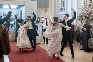 Bridgerton at Newark Town Hall in Nottinghamshire, photographed behind the scenes for the Netflix production. final ballroom dance.
