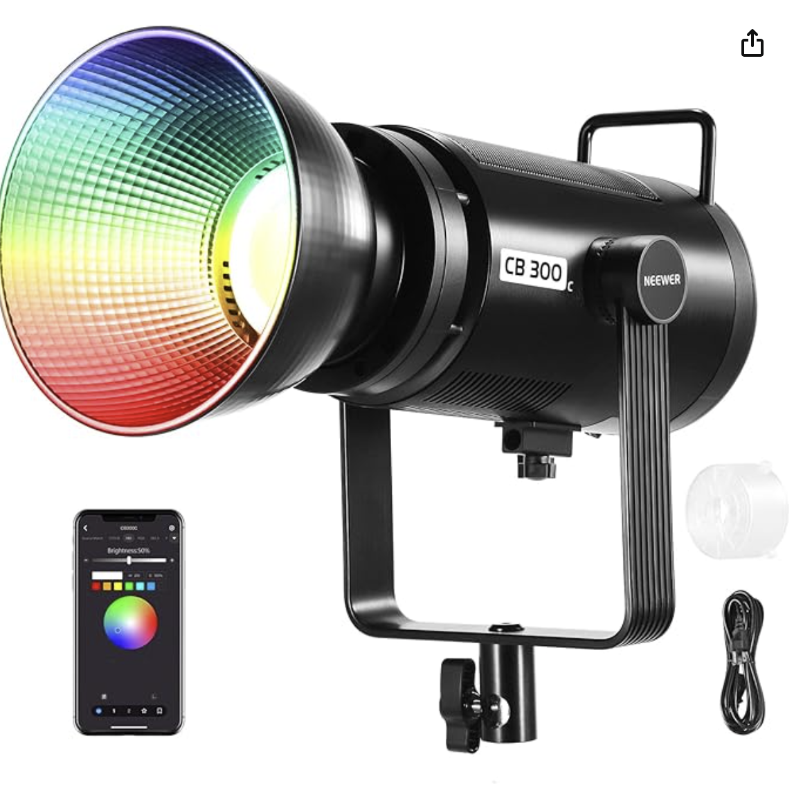 Collection of professional stage lighting equipment with RGB color control and wireless capabilities arranged in a row.