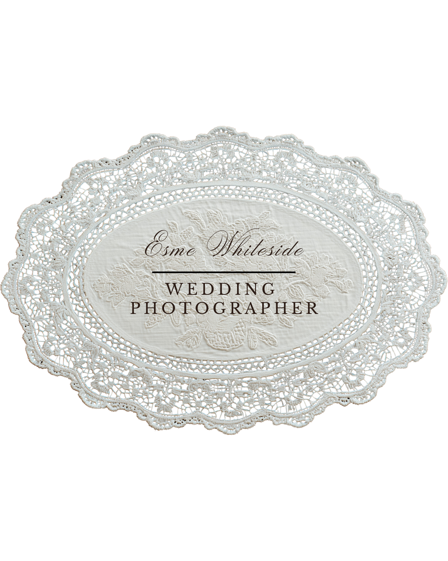 Elegant vintage lace doily style wedding photographer logo designs in gray and white.