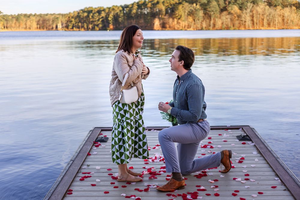 Emotional reaction during surprise proposal at Lake Oconee resort