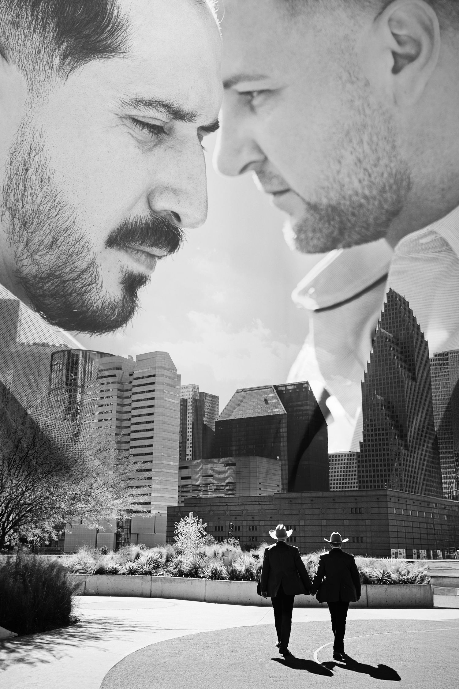 Couple photos on POST Houston rooftop with downtown Houston skyline at sunset