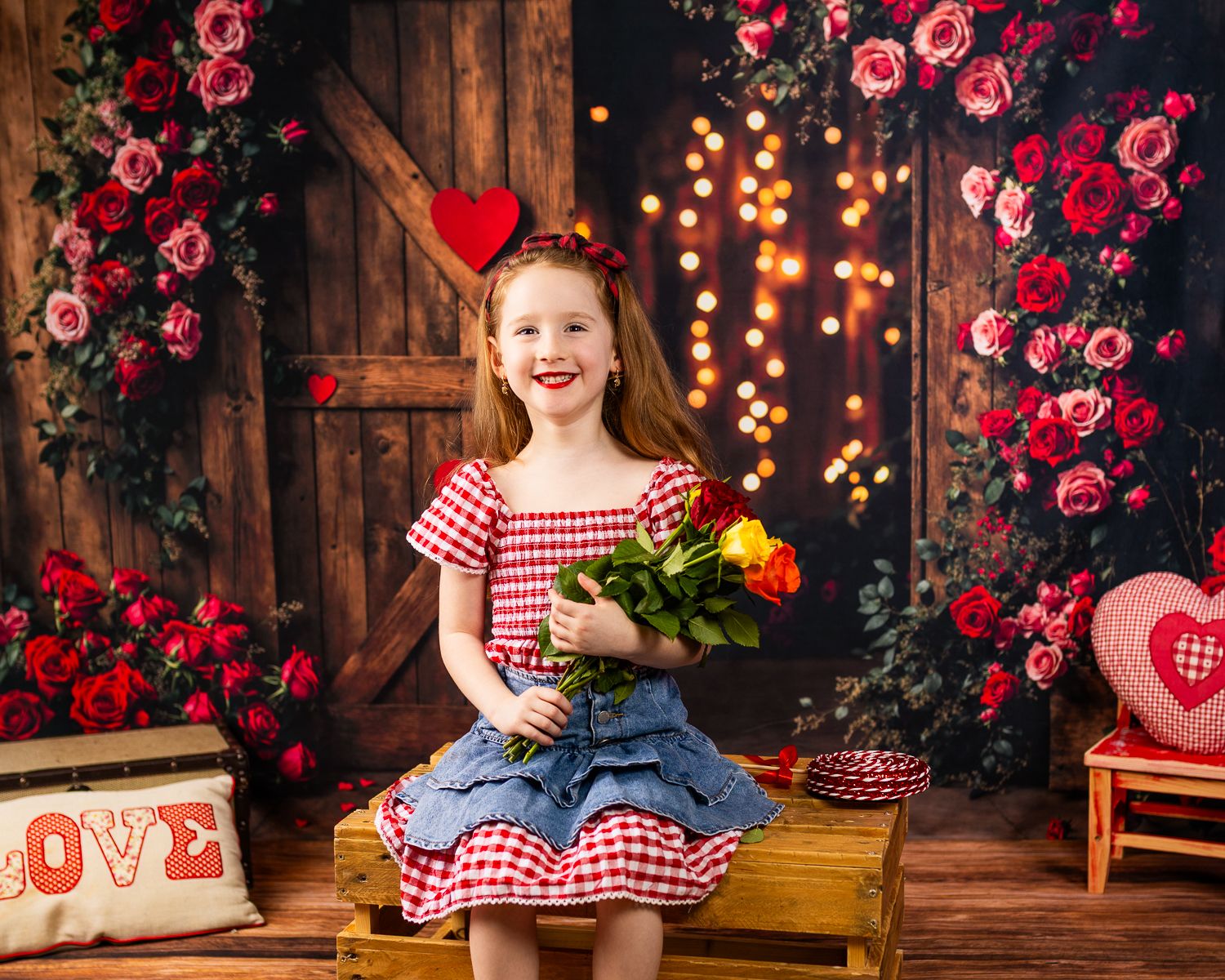 Red roses and string lights create a romantic rustic backdrop for a Valentine's Day photoshoot setting.
