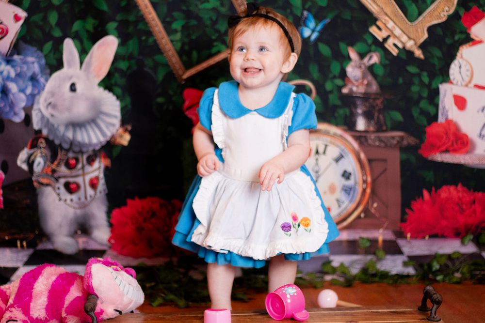 A colorful Alice in Wonderland themed party setup with decorations, plush toys, and festive elements against a dark background.