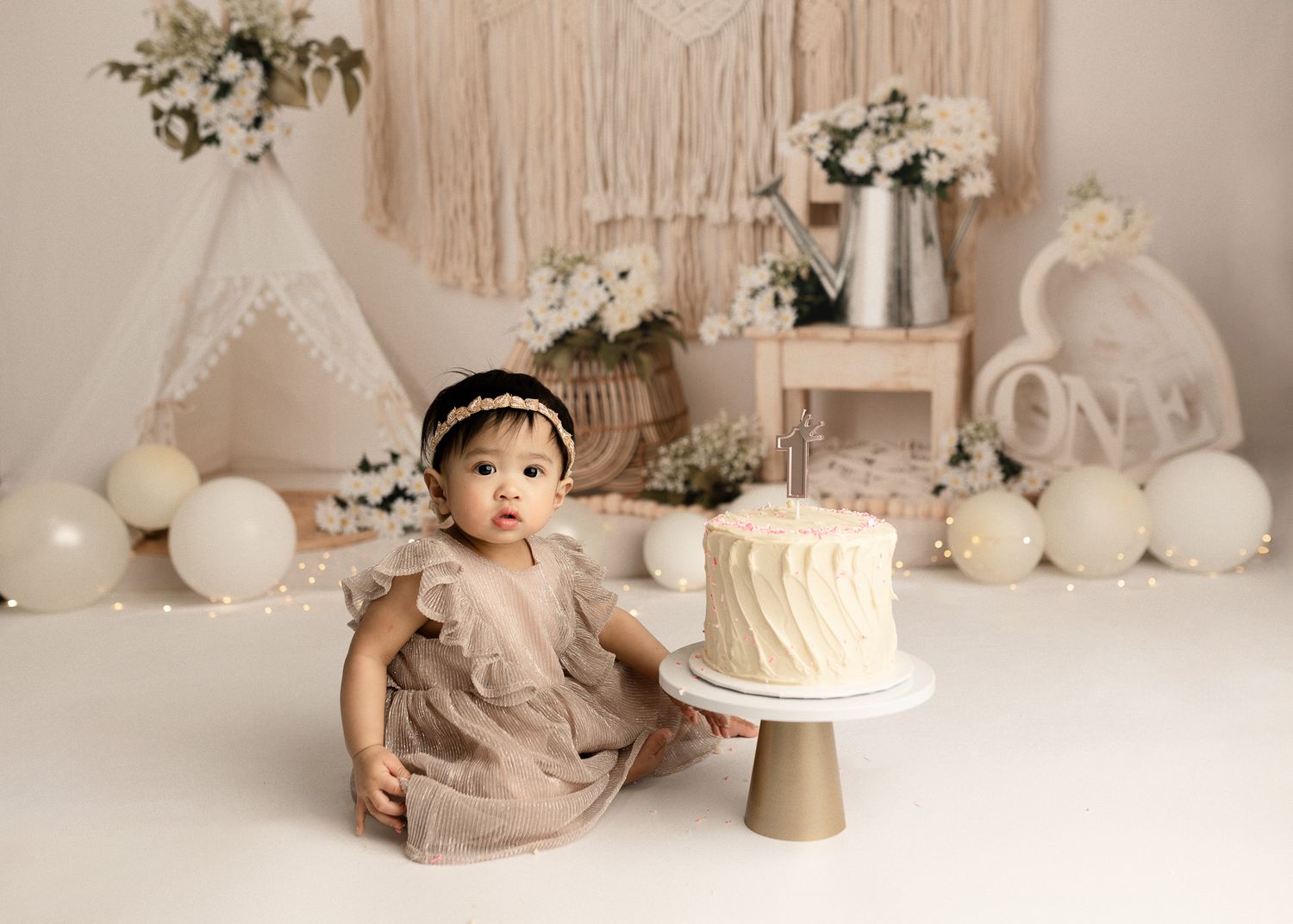 A neutral beige and white toned photo collage featuring cake, balloons, and decorative elements in a minimalist style.