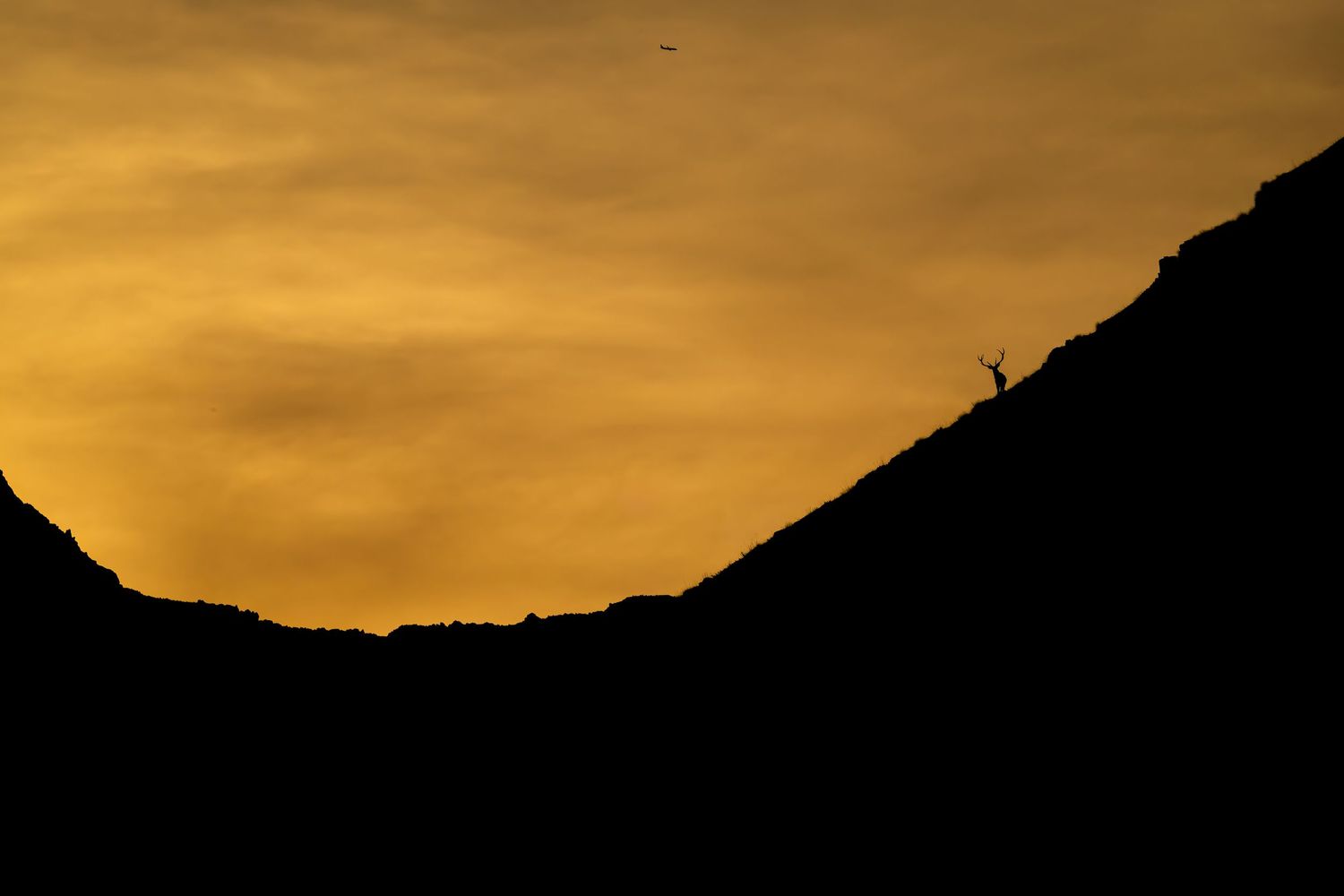 A dramatic sunset silhouettes mountain peaks against a golden sky with wispy clouds.