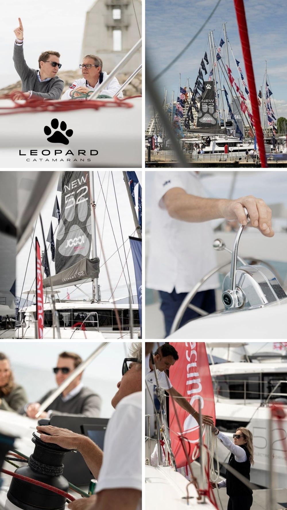 Leopard Catamarans sailing event collage featuring crew members, marina flags, boat details, and deck activities on luxury catamarans.