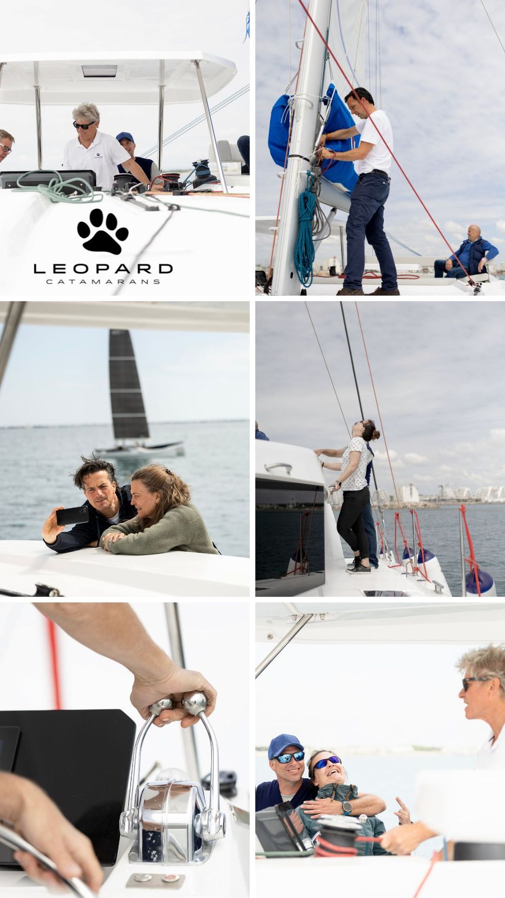 Leopard Catamarans collage showing sailors rigging sails, a couple taking a selfie, and guests relaxing on a luxury catamaran at sea.