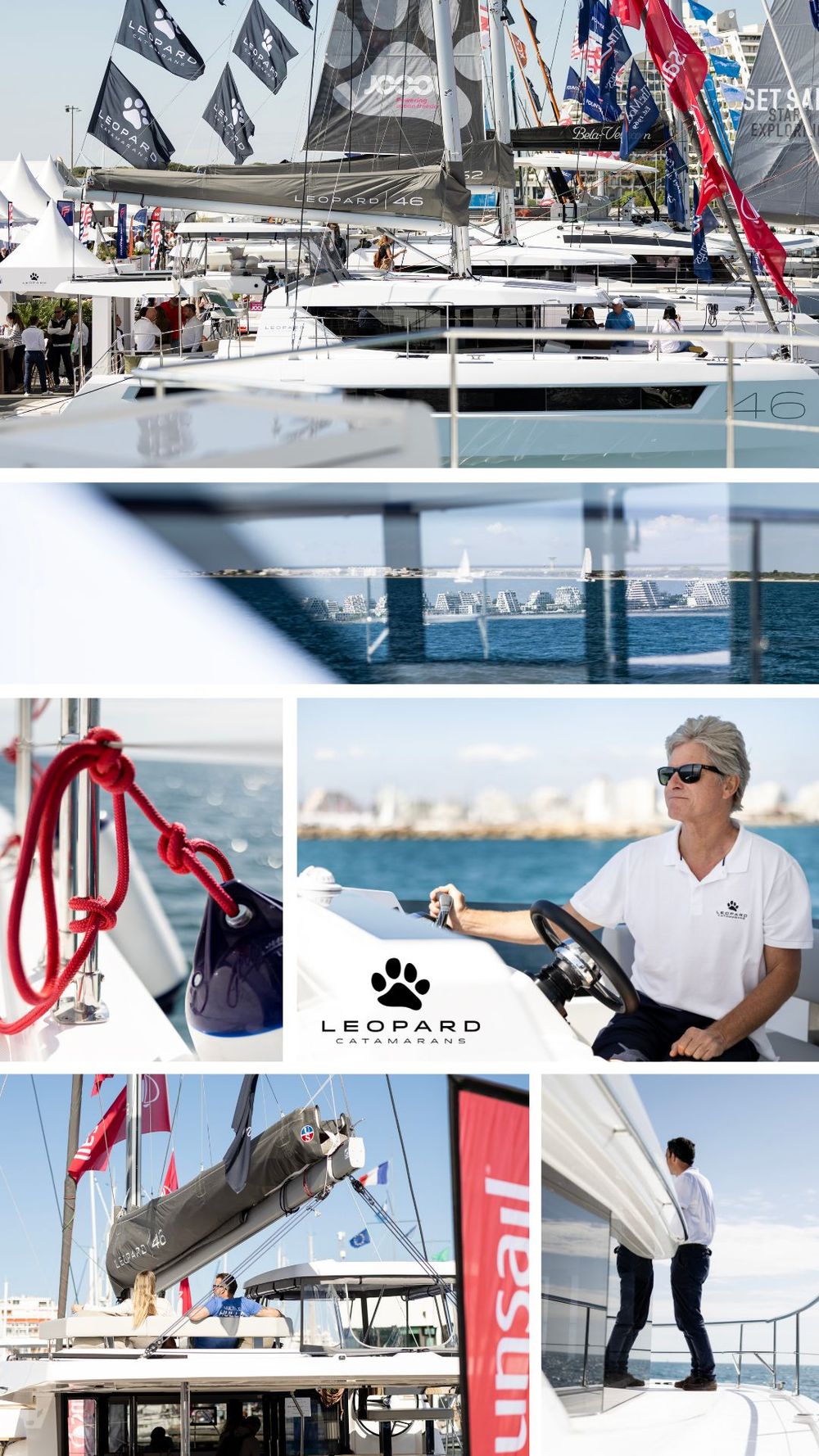 Leopard Catamarans sailing yacht display at a marina boat show with colorful flags and multiple vessels docked.