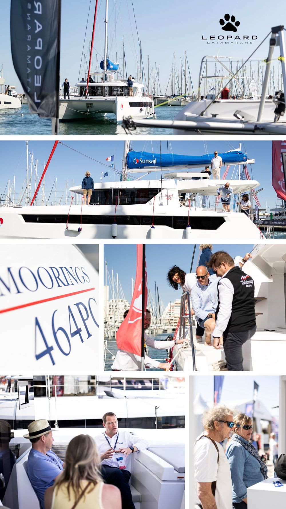Leopard Catamarans yacht show display with multiple sailboats docked at marina, people touring Moorings 464PC catamaran on sunny day.