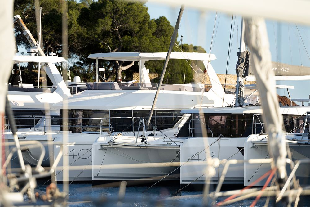 Marina dock filled with sailboats and yachts moored under sunny skies with trees in background.